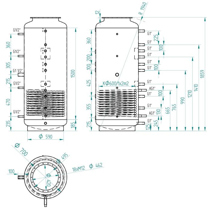 Akumulační nádrž 650l s izolací MT1, d700  s přírubou a výměníkem